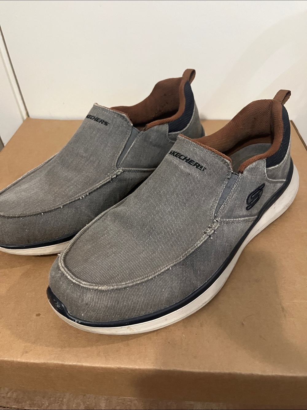 Skechers Gray Canvas Slip-On Loafers with Brown Lining